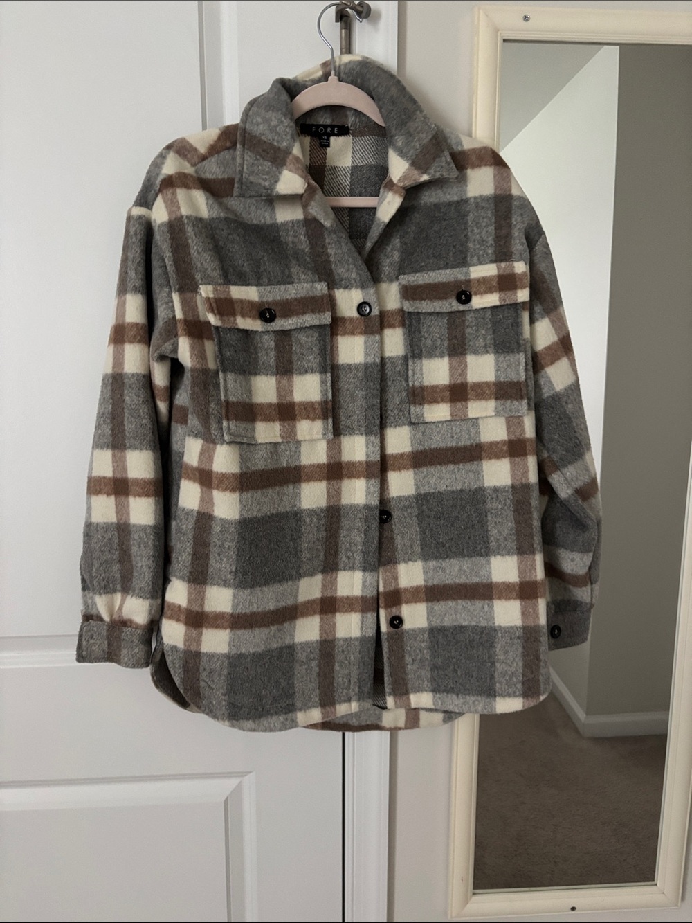 FORE Gray, Cream & Brown Plaid Utility Shacket